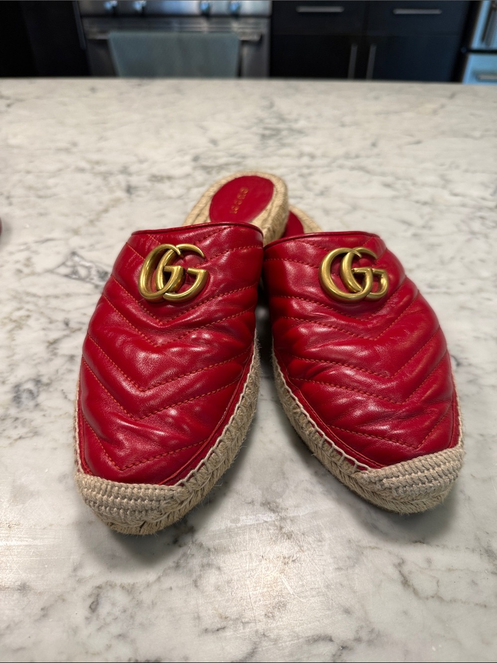 Gucci Red Quilted Leather Espadrille Mules with Gold GG